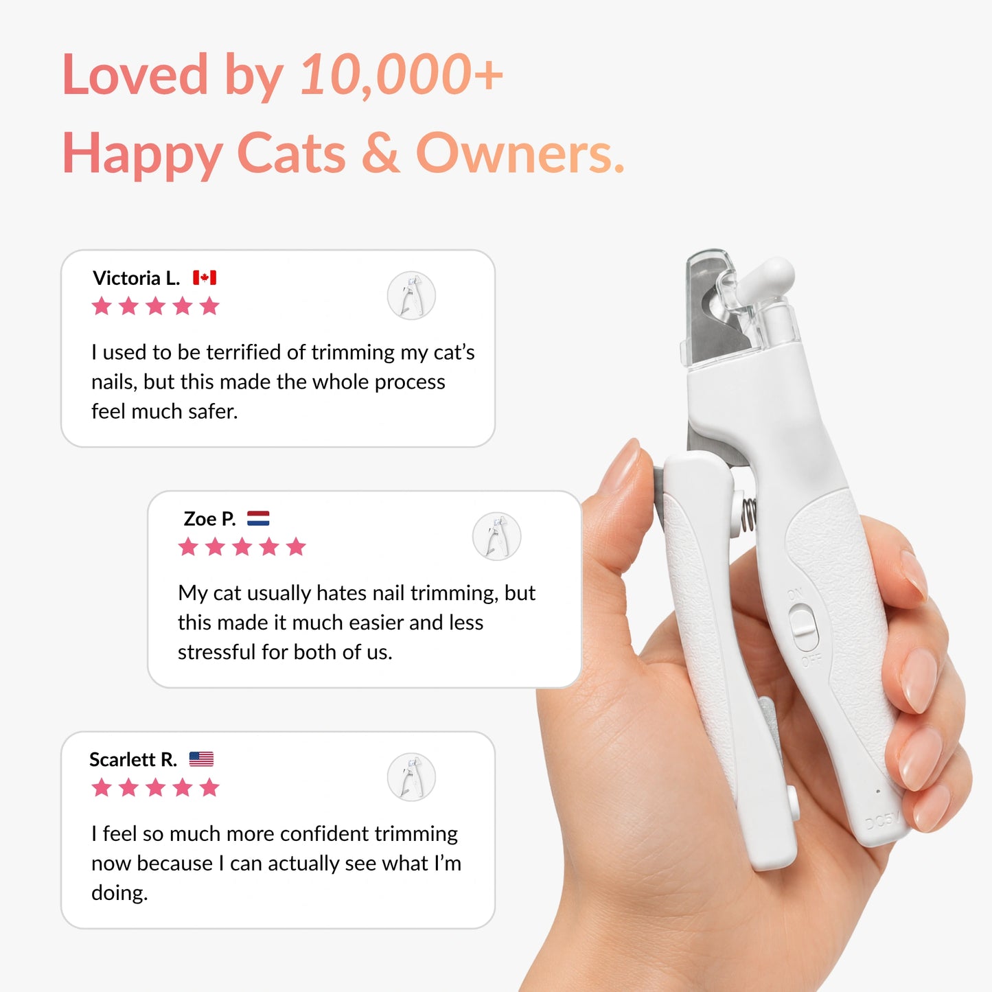 Customer reviews for the LED cat nail clipper from cat owners who found nail trimming safer and less stressful