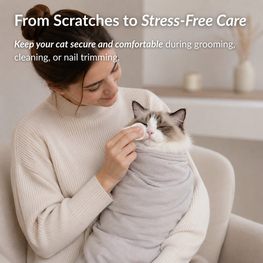 Cat secured in RagRoyale GroomWrap during grooming and cleaning for a calmer, safer and stress free grooming experience