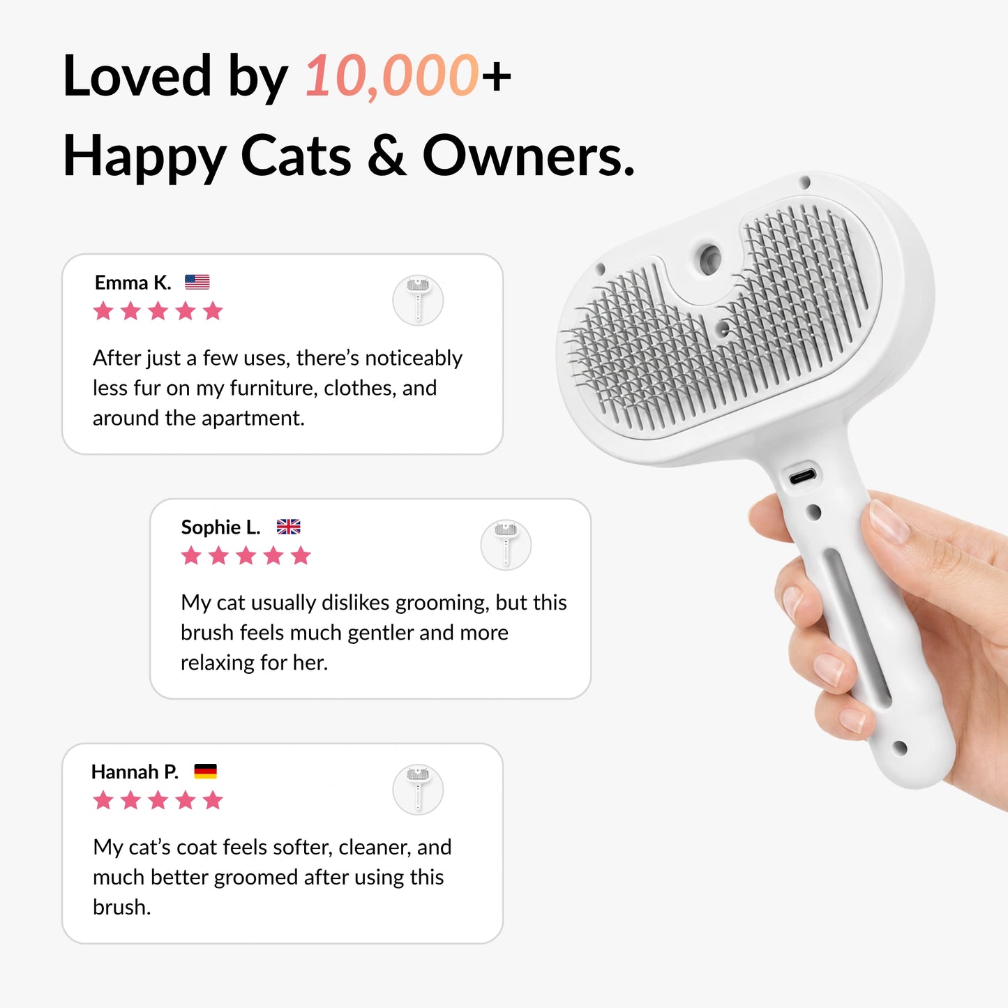 Customer reviews for the RagRoyale Mist Brush highlighting reduced shedding, softer fur, and more comfortable grooming