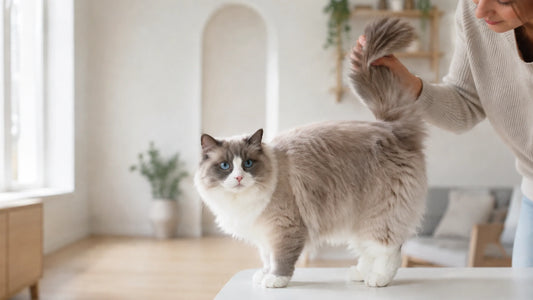 A long-haired Ragdoll cat calmly preparing for a sanitary trim in a bright home environment