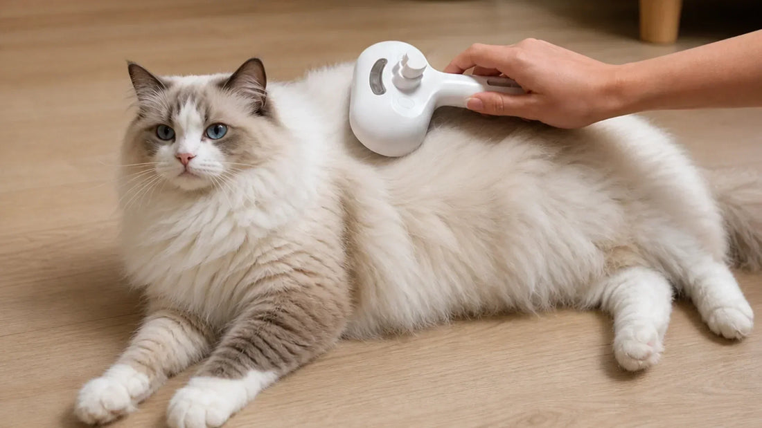 Ragdoll cat being brushed as part of a regular grooming routine.