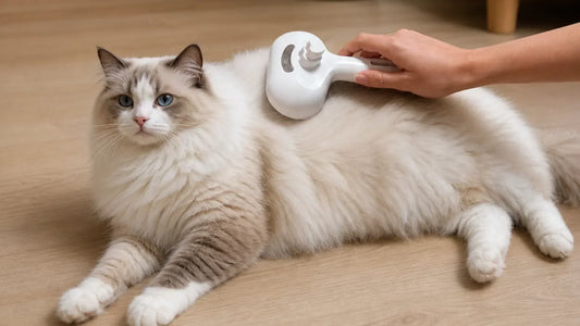 Ragdoll cat being brushed as part of a regular grooming routine.