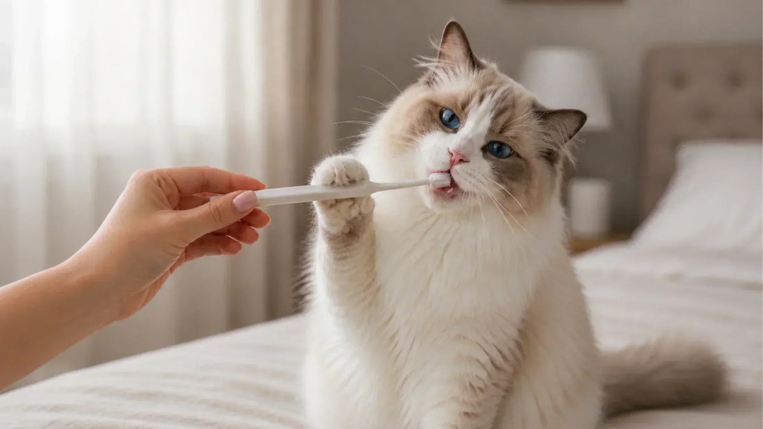 Owner brushing a Ragdoll cat's teeth as part of a regular dental care routine.