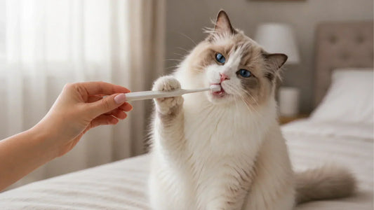 Owner brushing a Ragdoll cat's teeth as part of a regular dental care routine.