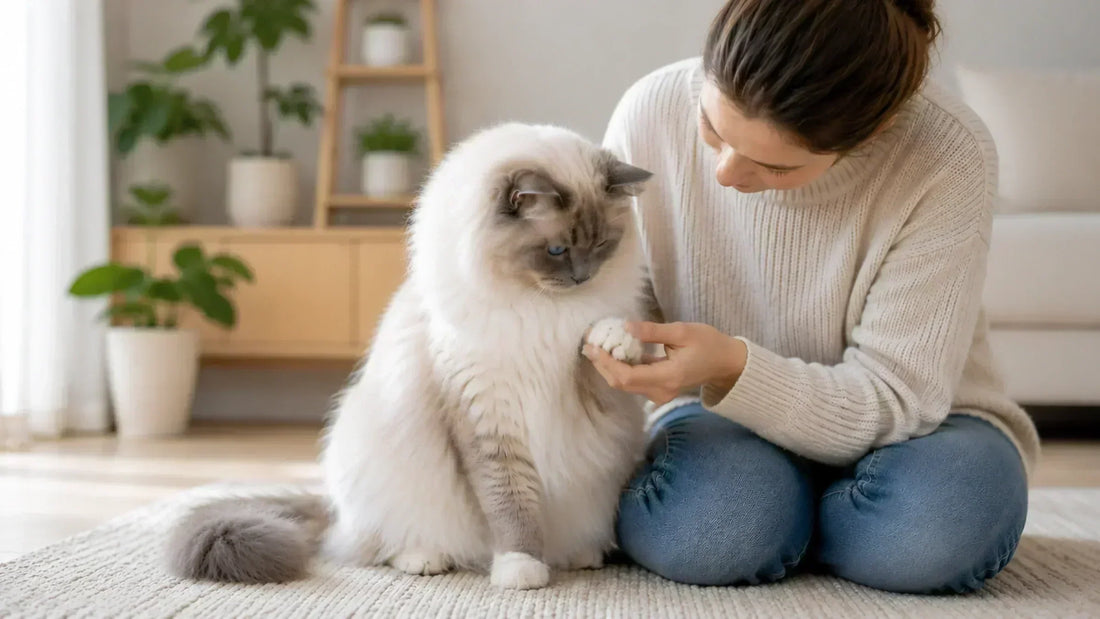Blue bicolor Ragdoll cat having its front paw gently examined before a nail trim.