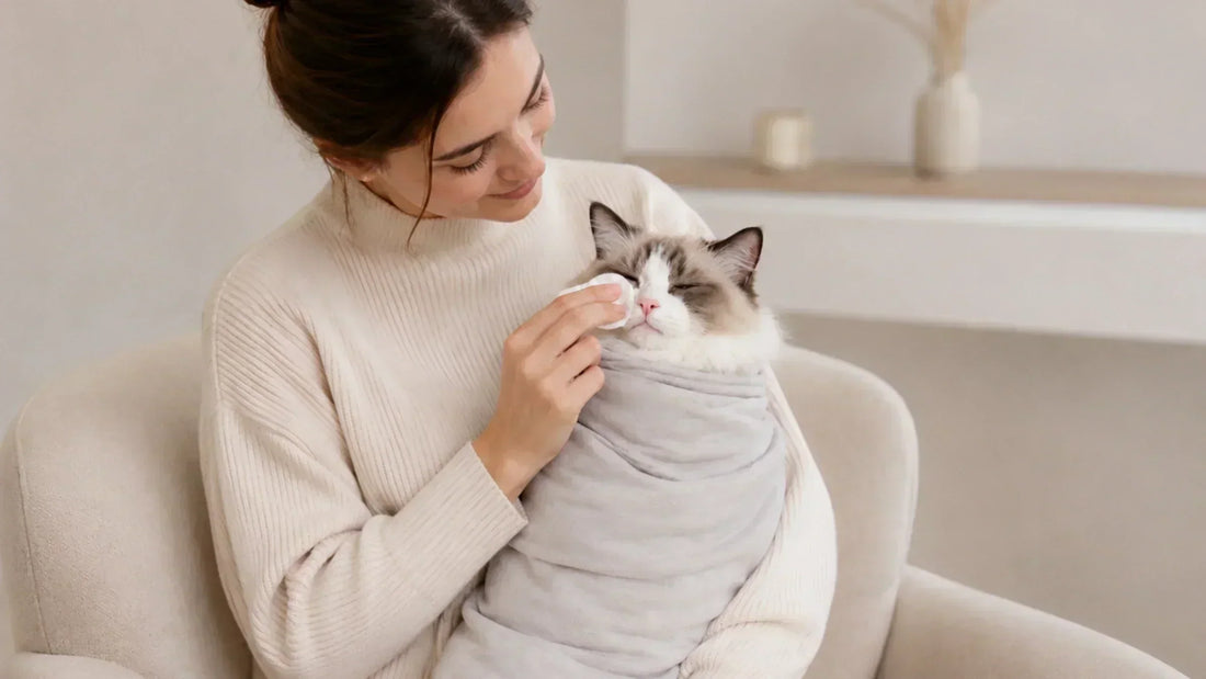 A cat staying calm and comfortable during grooming with a GroomWrap