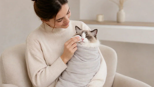A cat staying calm and comfortable during grooming with a GroomWrap