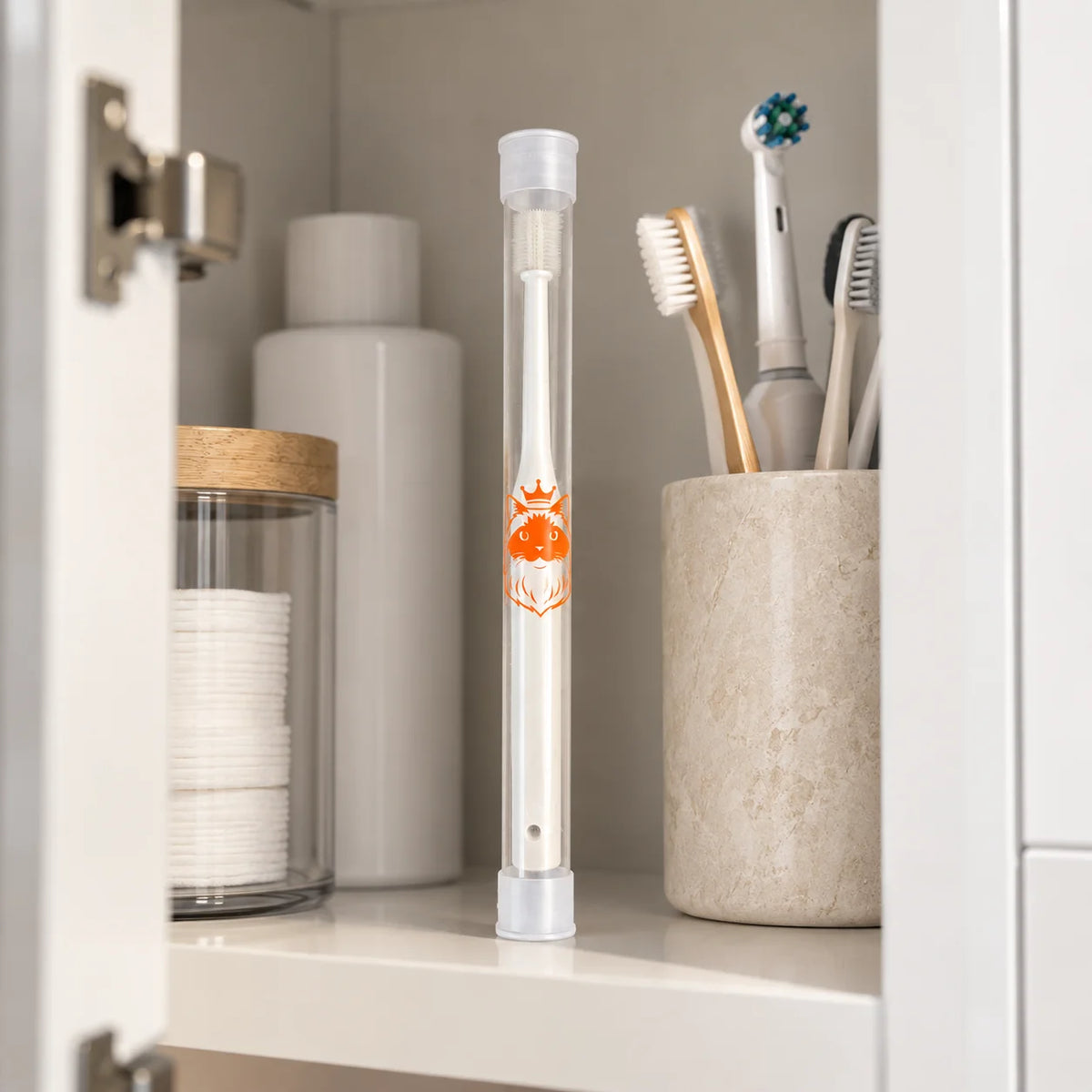 Keep your cats toothbrush protected from dirt and bacteria with the ragroyale 360 toothbrush storage case in the bathroom