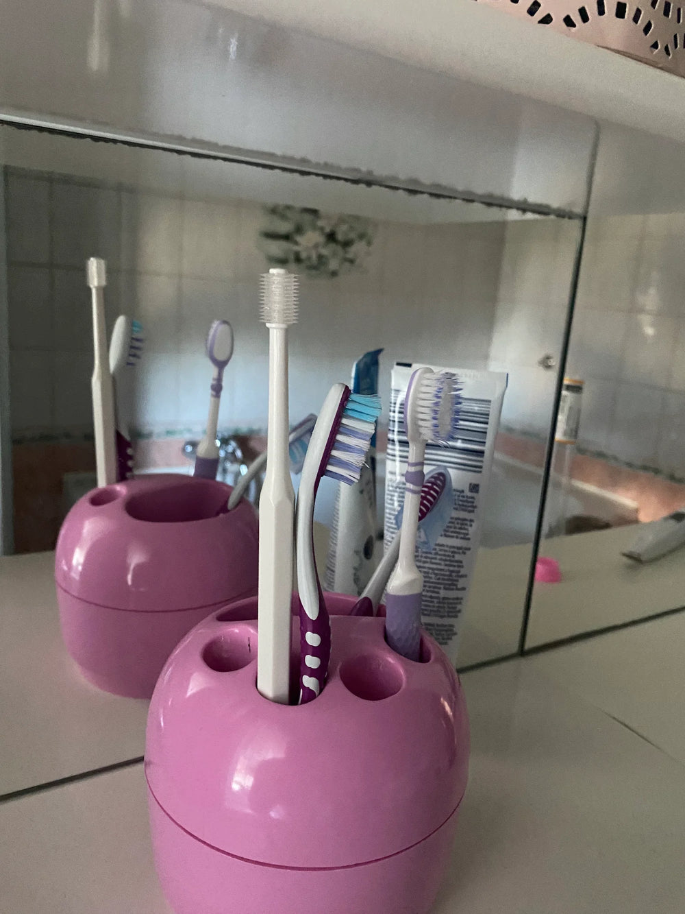 Customer showing the RagRoyale 360 ToothBrush in the bathroom with the other toothbrushes