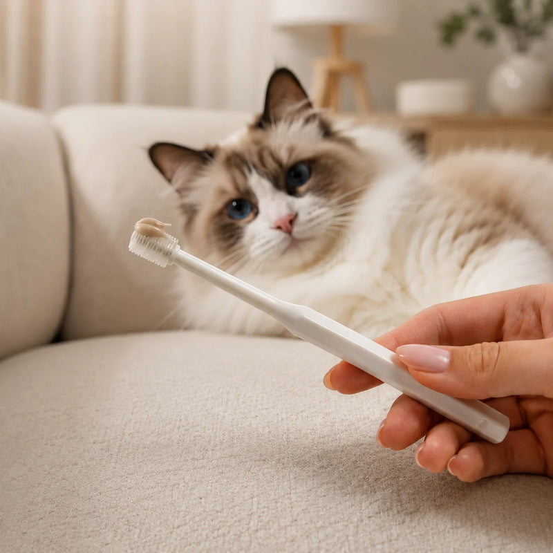 Pet-safe toothpaste applied to a 360 cat toothbrush before brushing for improved dental cleaning