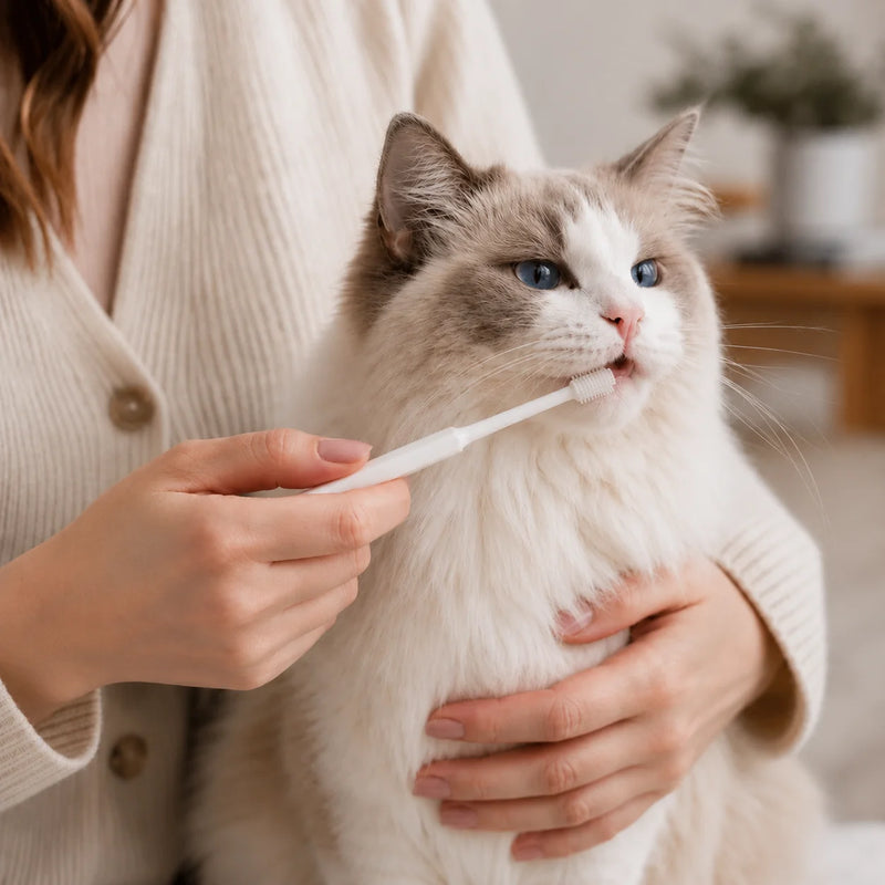 Brushing a cat’s teeth with a 360 toothbrush for gentle, complete cleaning from every angle