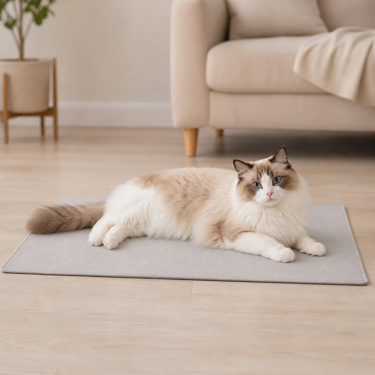 Relaxed cat resting calmly after a stress-free grooming session using a grooming wrap