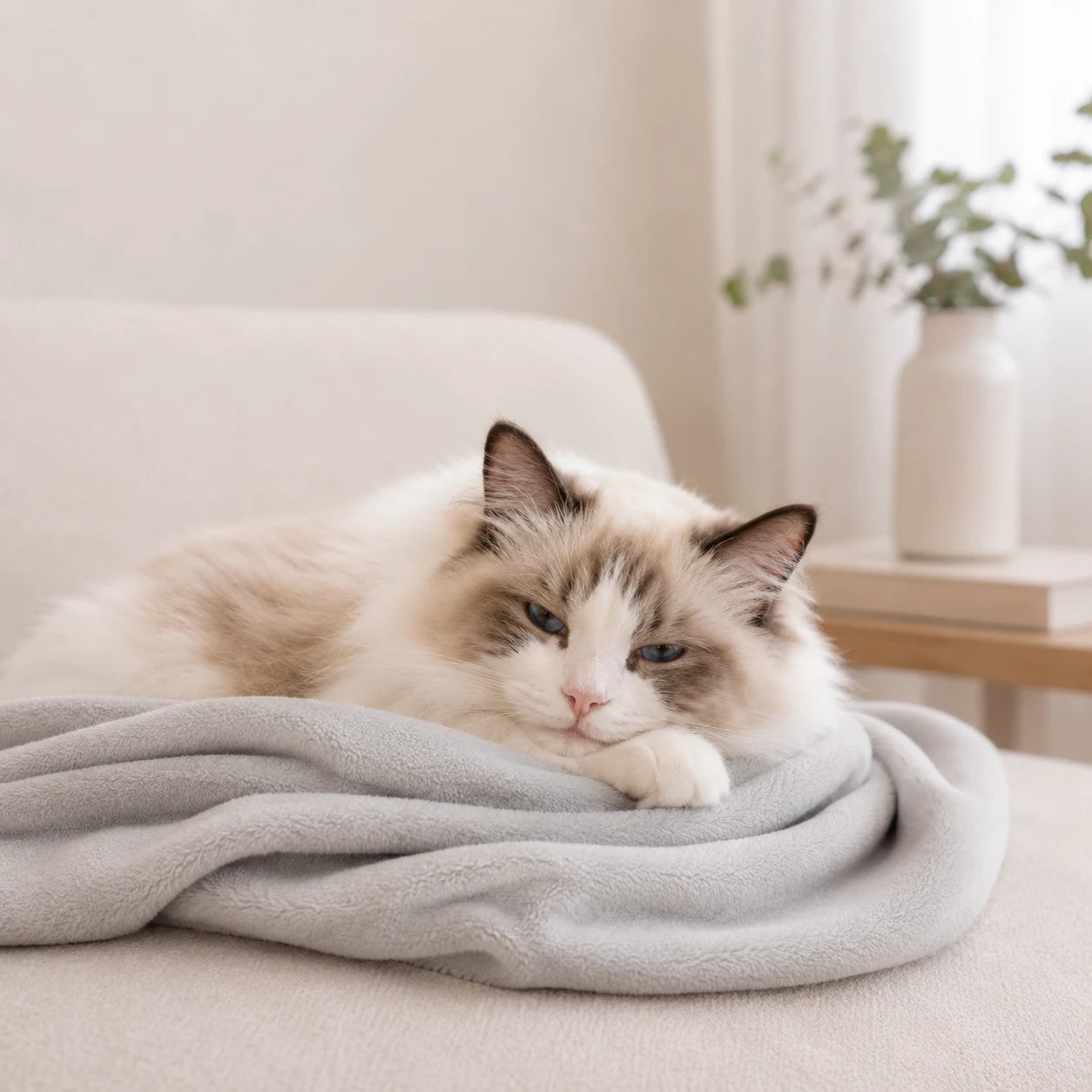 Relaxed cat resting comfortably on a soft grooming wrap designed to reduce stress during grooming