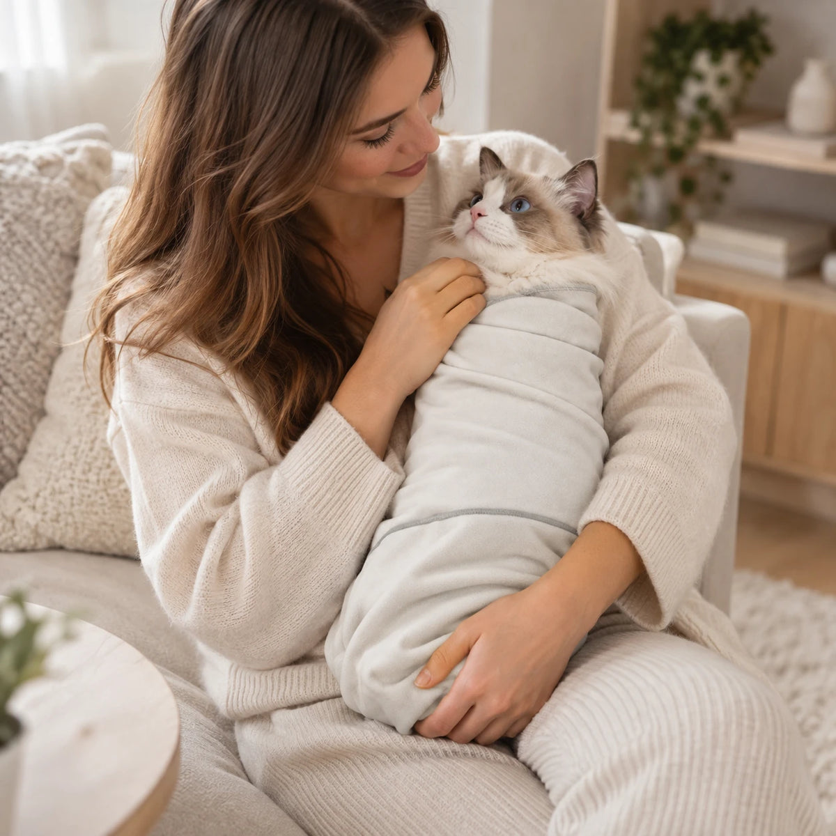 Relaxed cat resting comfortably on a soft grooming wrap designed to reduce stress during grooming