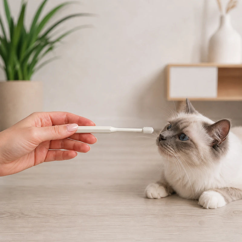 Cat calmly interacting with a 360 toothbrush during a daily dental care routine at home
