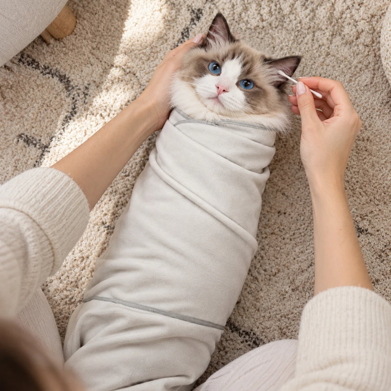 Owner gently cleaning a cat’s eye while using a grooming wrap for safe and stress-free handling