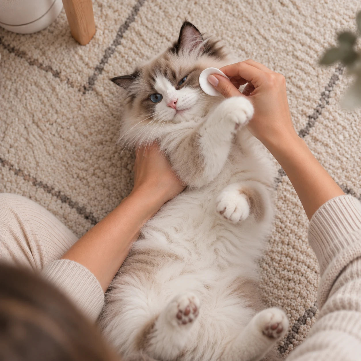 Unwrapped cat lying freely before grooming, showing how grooming can be difficult when cats move and resist handling
