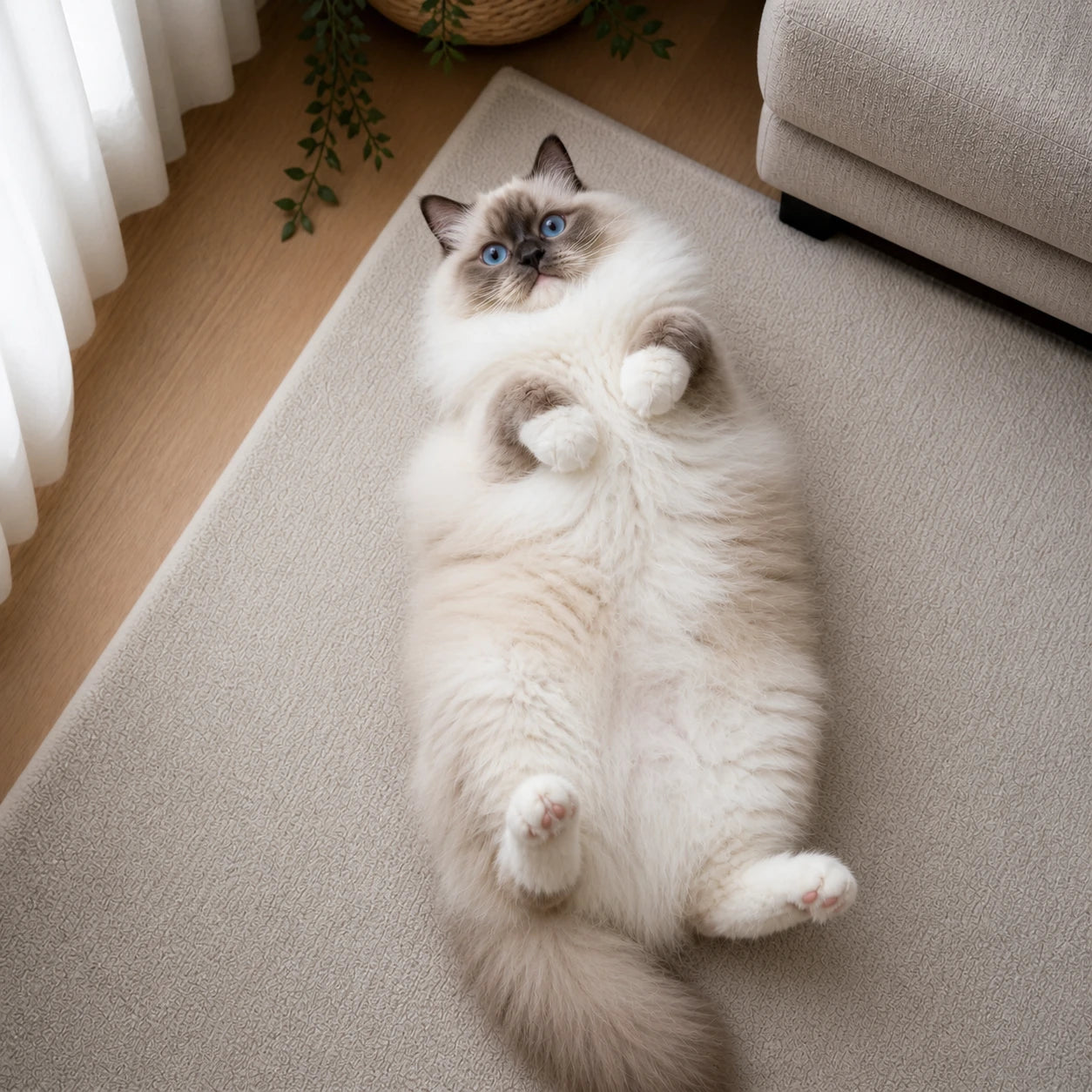 Unwrapped cat lying freely before grooming, showing how grooming can be difficult when cats move and resist handling