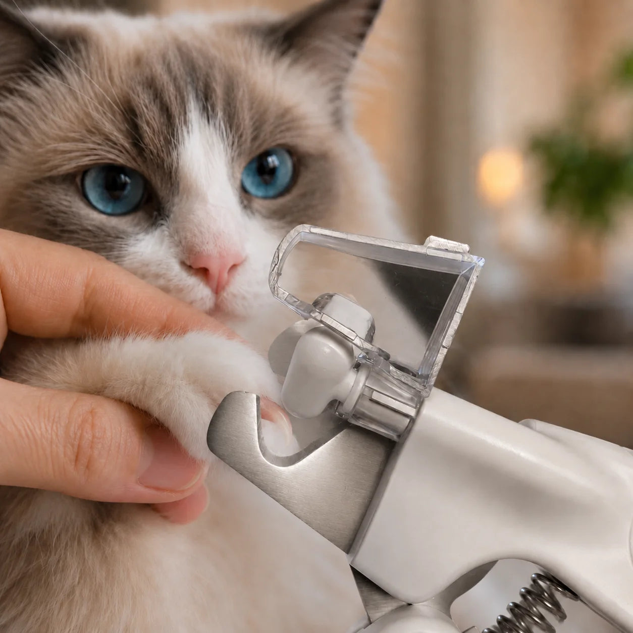 Ragdoll cat having nails trimmed with a standard clipper without LED light, making nail visibility and precision trimming more difficult