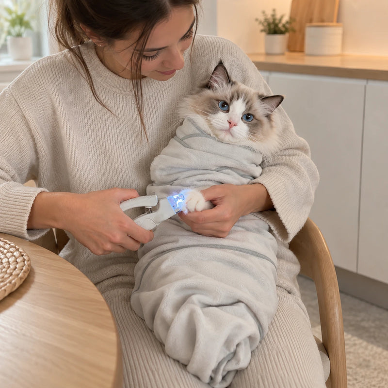 Cat wrapped in a grooming wrap during safe nail trimming with LED nail clippers