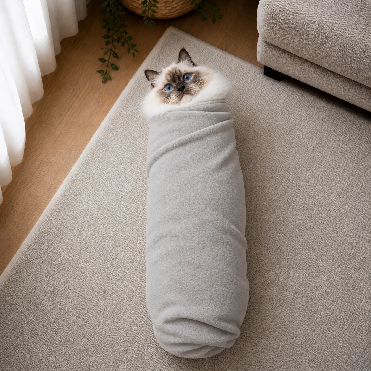 Cat comfortably wrapped in a grooming wrap, staying calm and secure during grooming