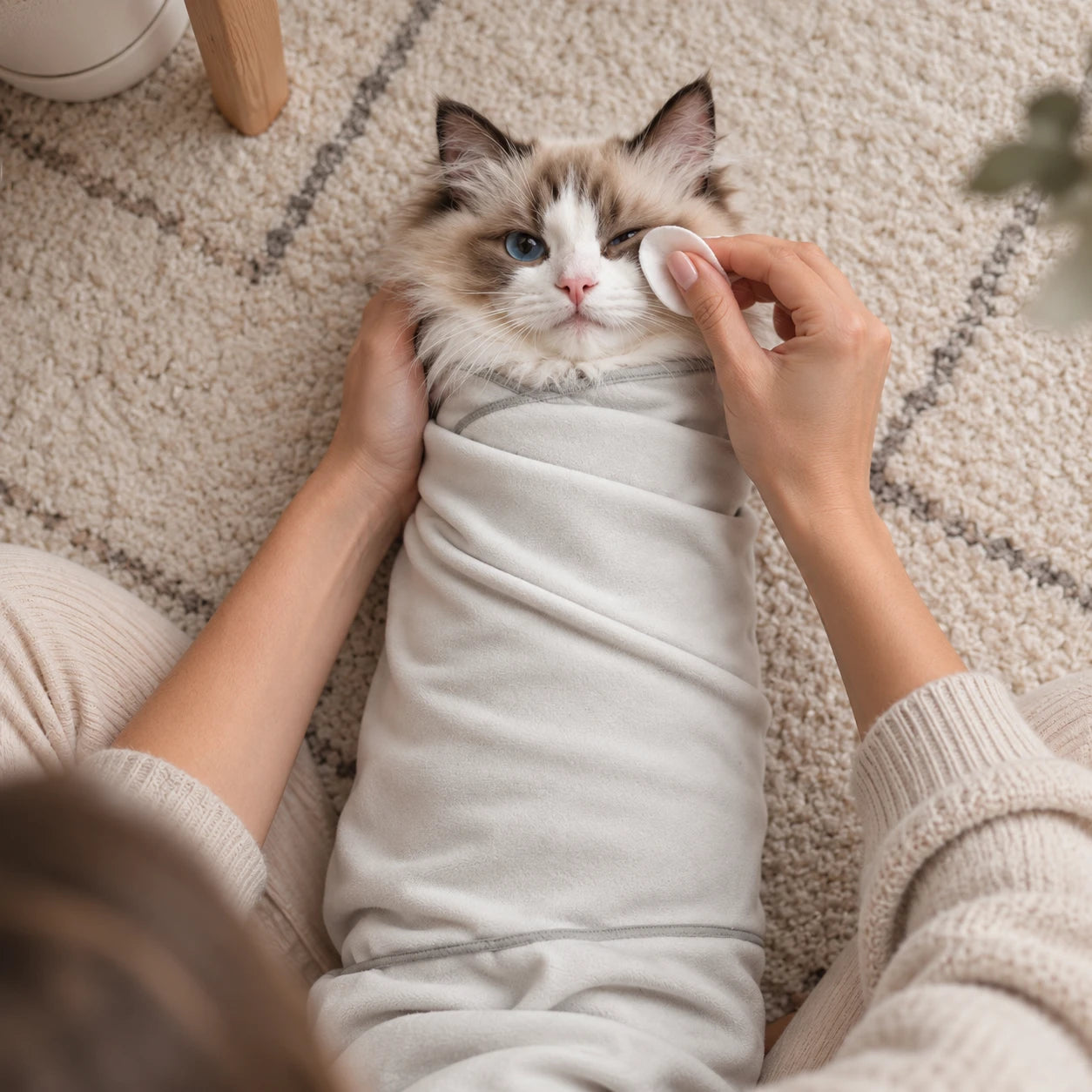 Cat comfortably wrapped in a grooming wrap, staying calm and secure during grooming