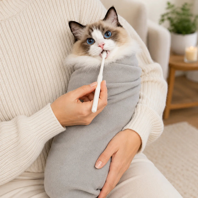 Cat wrapped in a grooming wrap during tooth brushing for safe and stress-free dental care