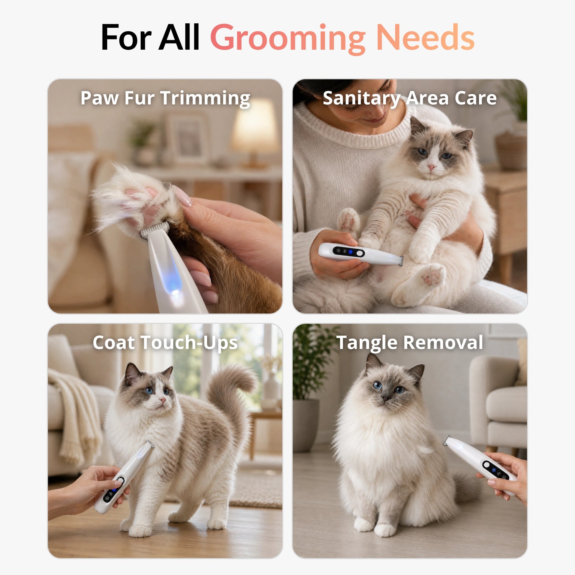 RagRoyale FurTrim cat trimmer used for paw fur trimming, sanitary area grooming, coat touch-ups, and tangle removal