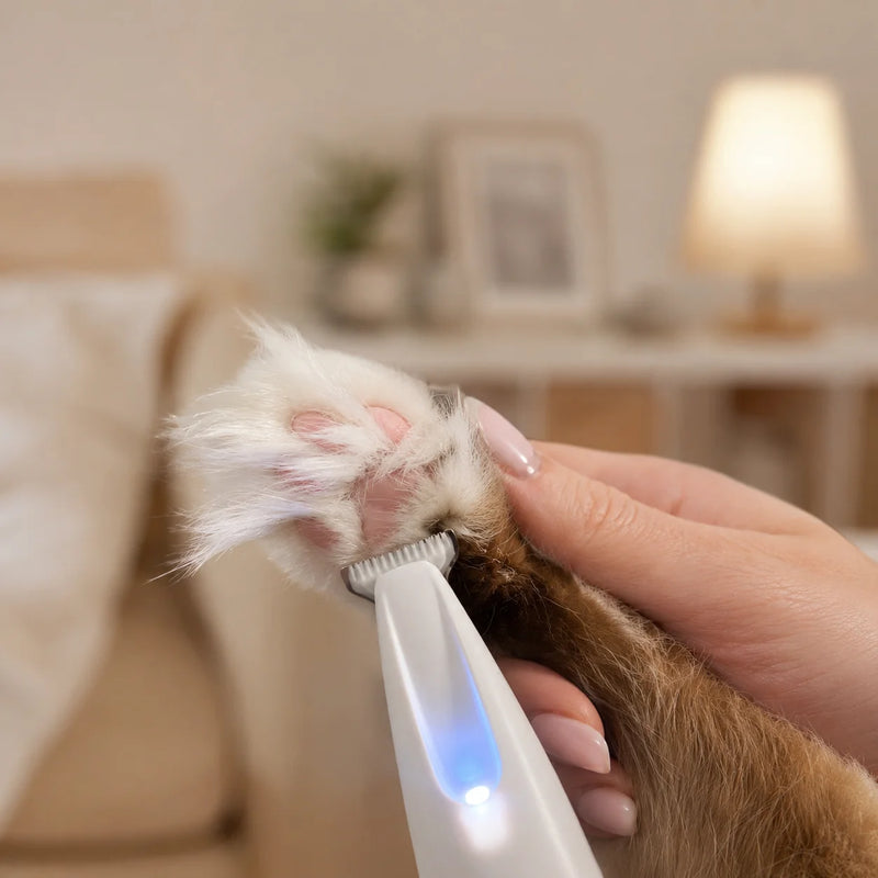 RagRoyale FurTrim safely trimming excess fur around a cat's paw pads for cleaner and more comfortable paws