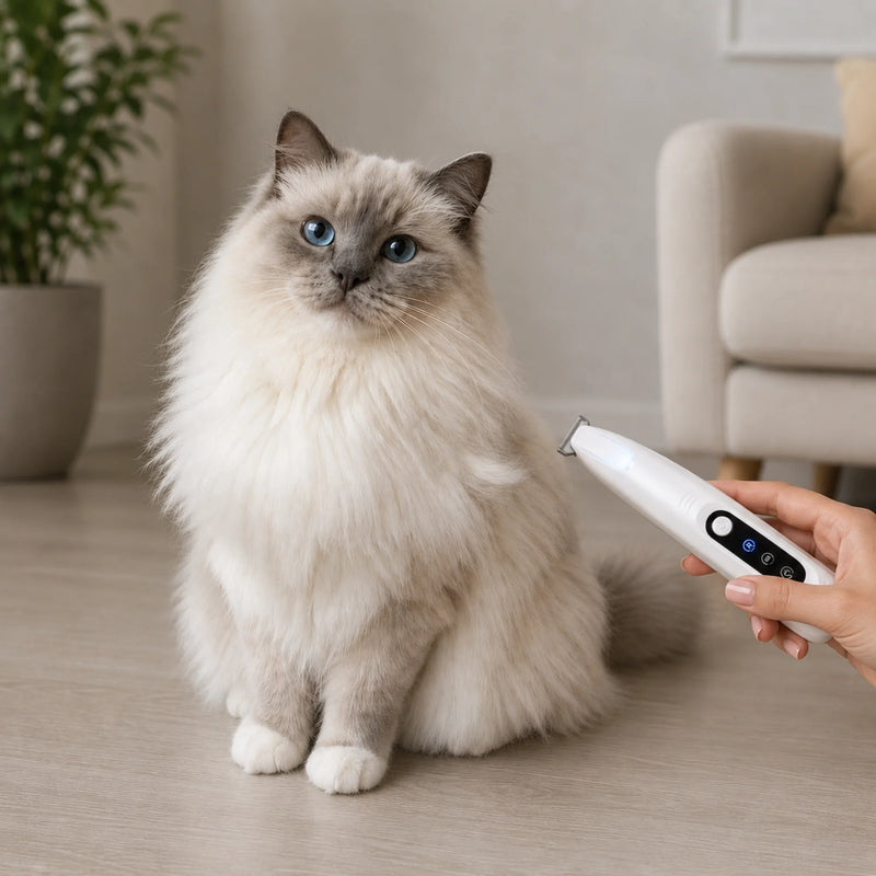RagRoyale FurTrim trimming tangled fur to maintain a smooth and well-groomed cat coat