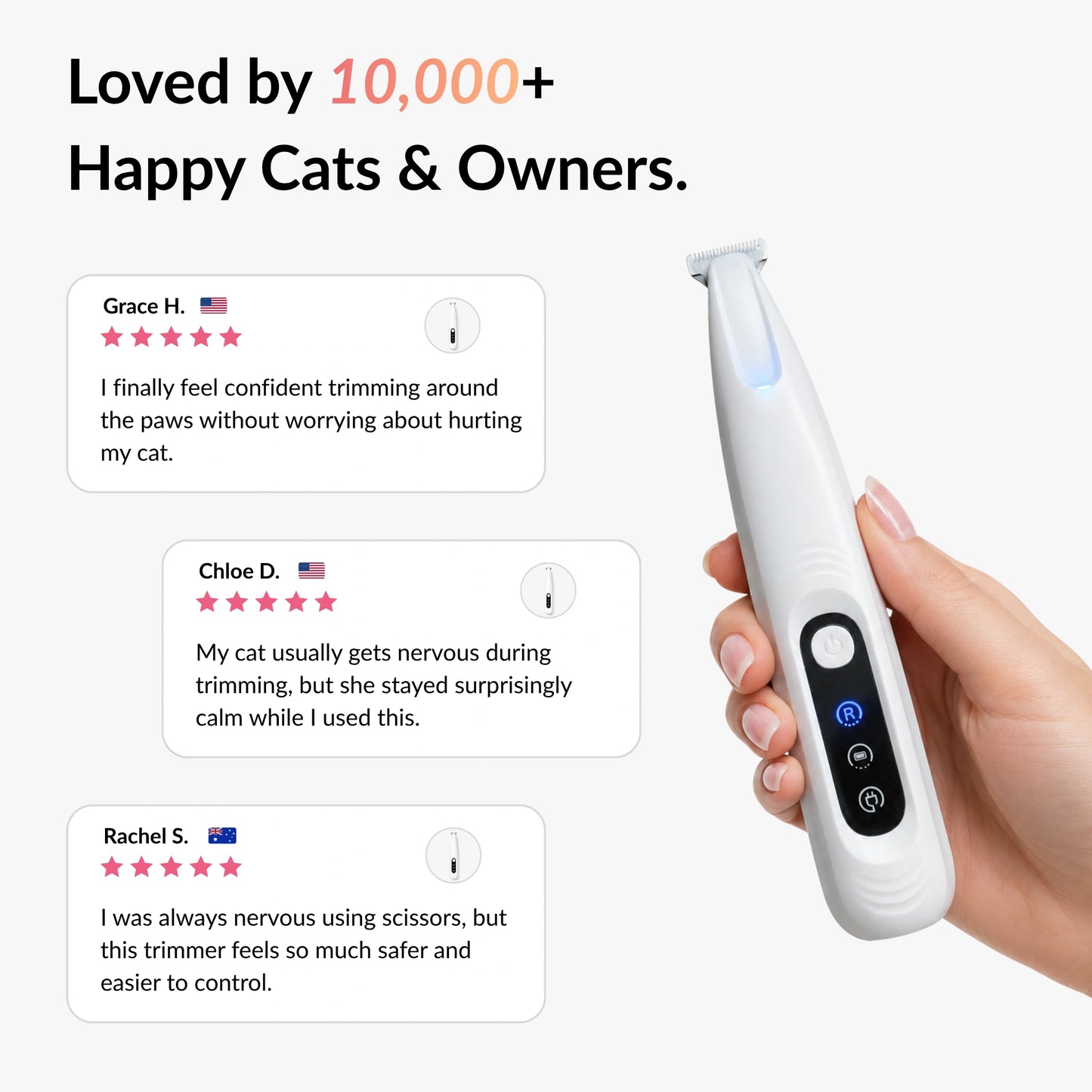 Customer reviews for the RagRoyale FurTrim cat trimmer highlighting safer paw trimming, calmer grooming sessions, and easier control compared to scissors.