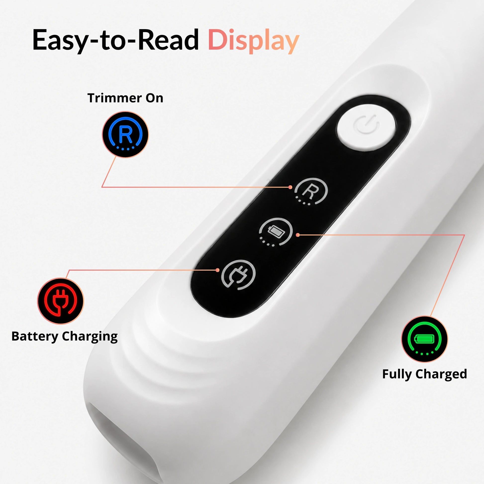 RagRoyale FurTrim cat trimmer display showing power status, charging indicator, and full battery indicator