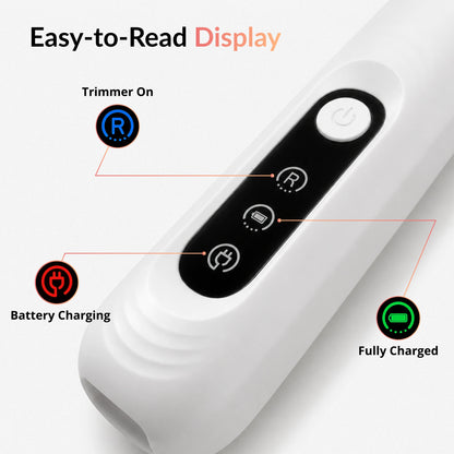 RagRoyale FurTrim cat trimmer display showing power status, charging indicator, and full battery indicator