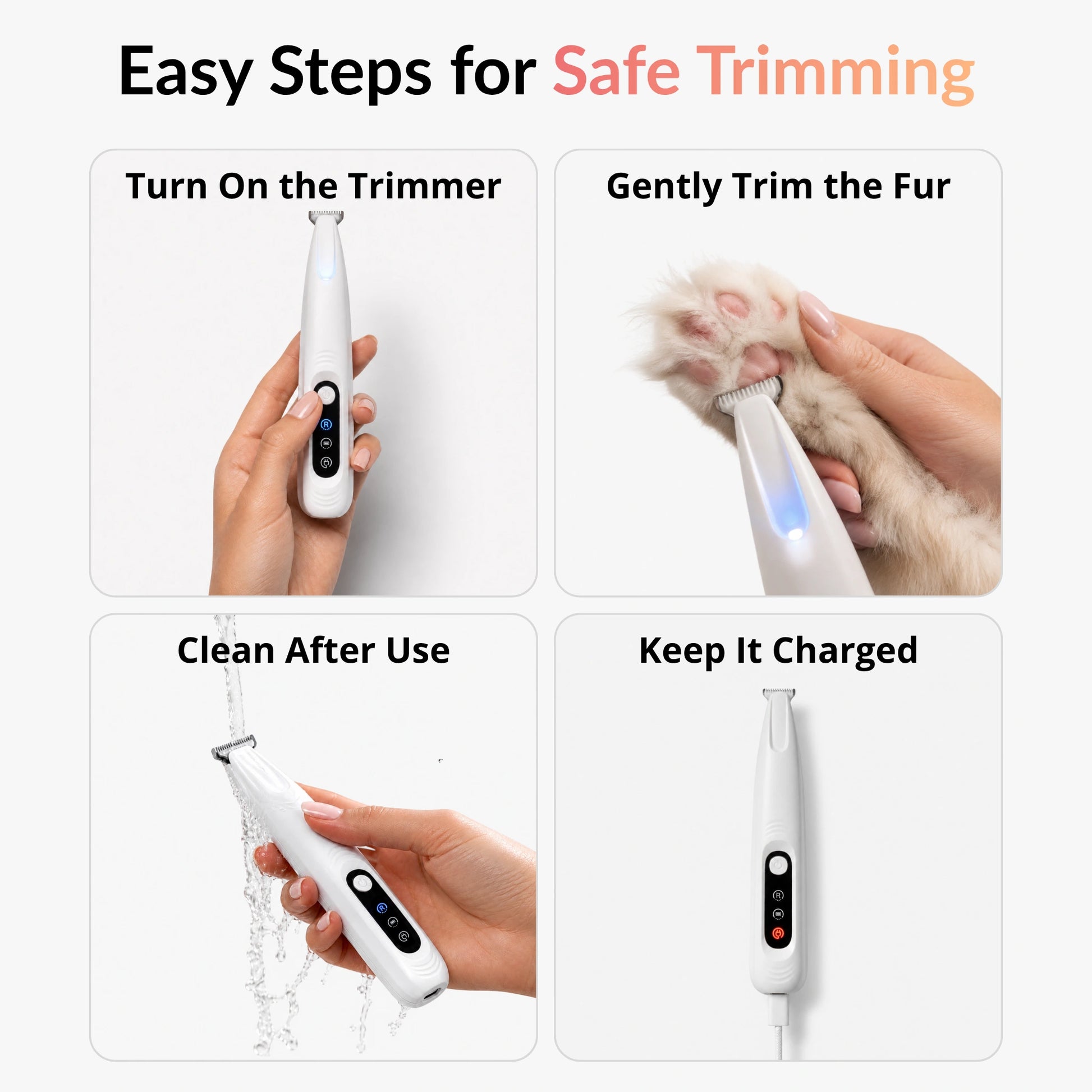 Step-by-step guide showing how to use the RagRoyale FurTrim cat trimmer for safe paw grooming, cleaning, and charging