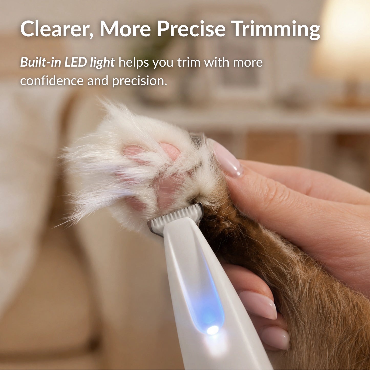 Cat paw trimming with RagRoyale FurTrim LED light trimmer for precise and safe grooming around sensitive areas