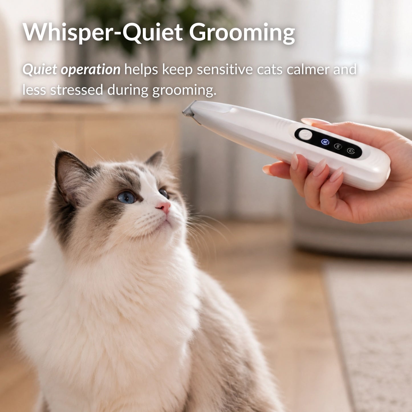 RagRoyale FurTrim cat trimmer with whisper-quiet operation helping keep a long-haired cat calm and relaxed during grooming