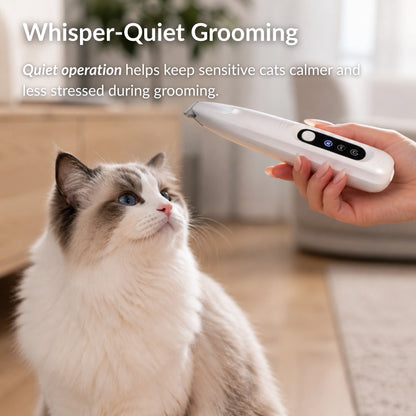 RagRoyale FurTrim cat trimmer with whisper-quiet operation helping keep a long-haired cat calm and relaxed during grooming