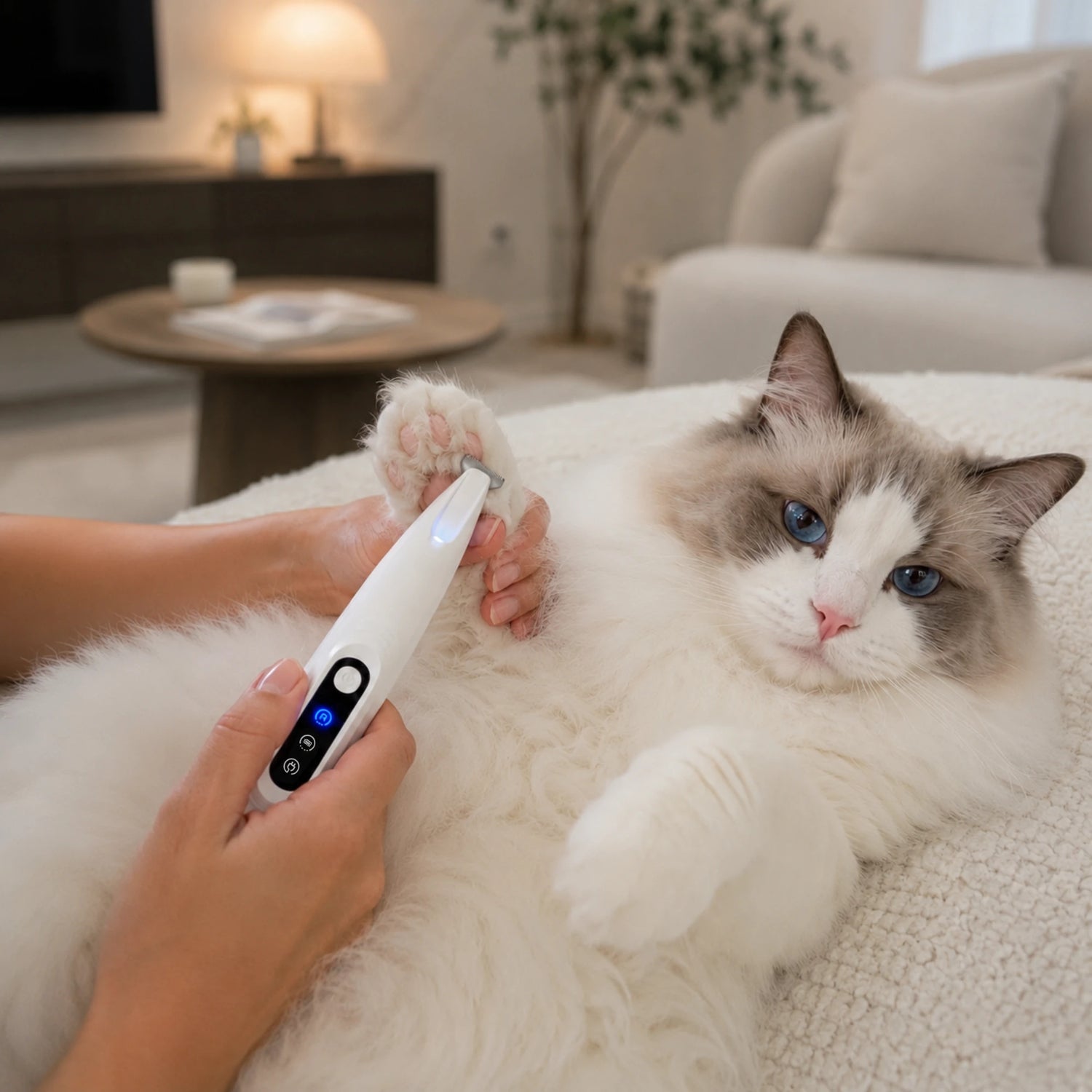 RagRoyale FurTrim safely trimming fur around a Ragdoll cat's paw with a skin-safe precision blade