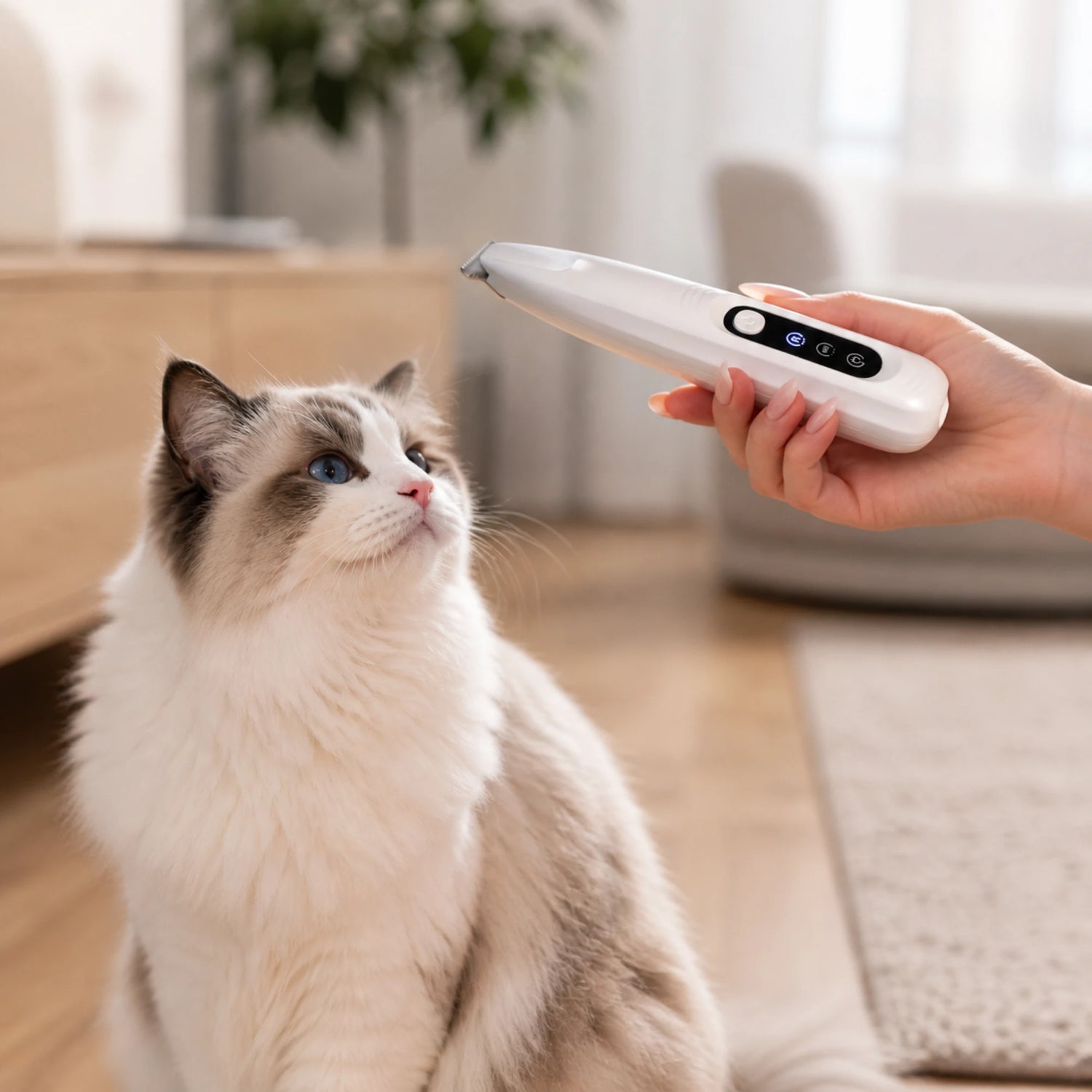RagRoyale FurTrim low-noise trimmer helping a Ragdoll cat stay calm and relaxed during grooming