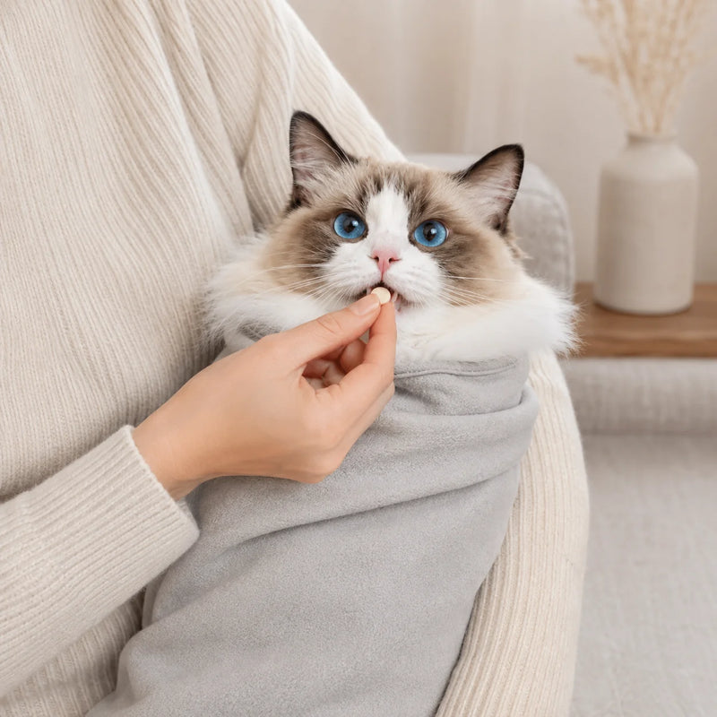 Cat wrapped in a grooming wrap while receiving medication safely and calmly from its owner