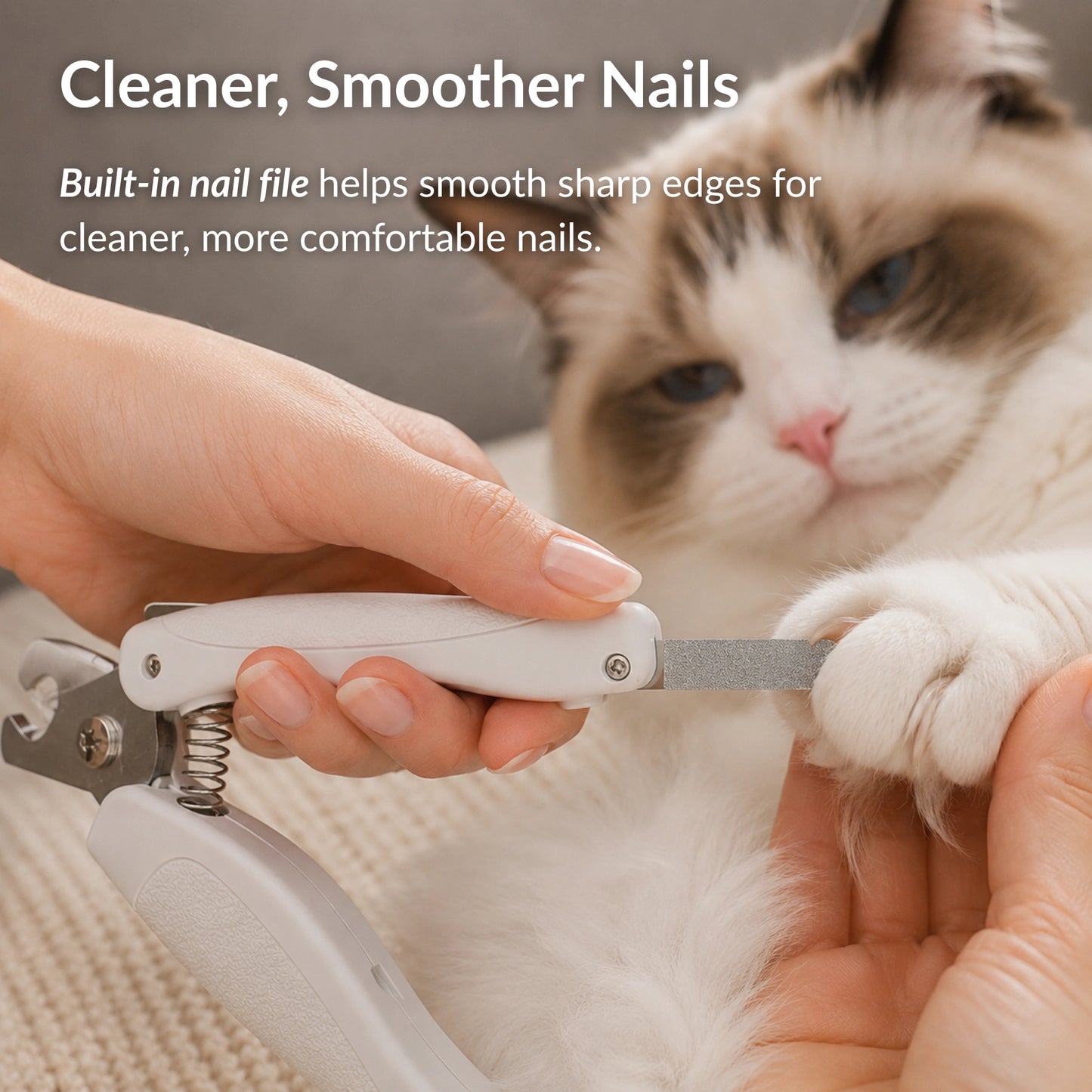 Cat owner using the built-in nail file on an LED cat nail clipper to smooth a cat's nails after trimming