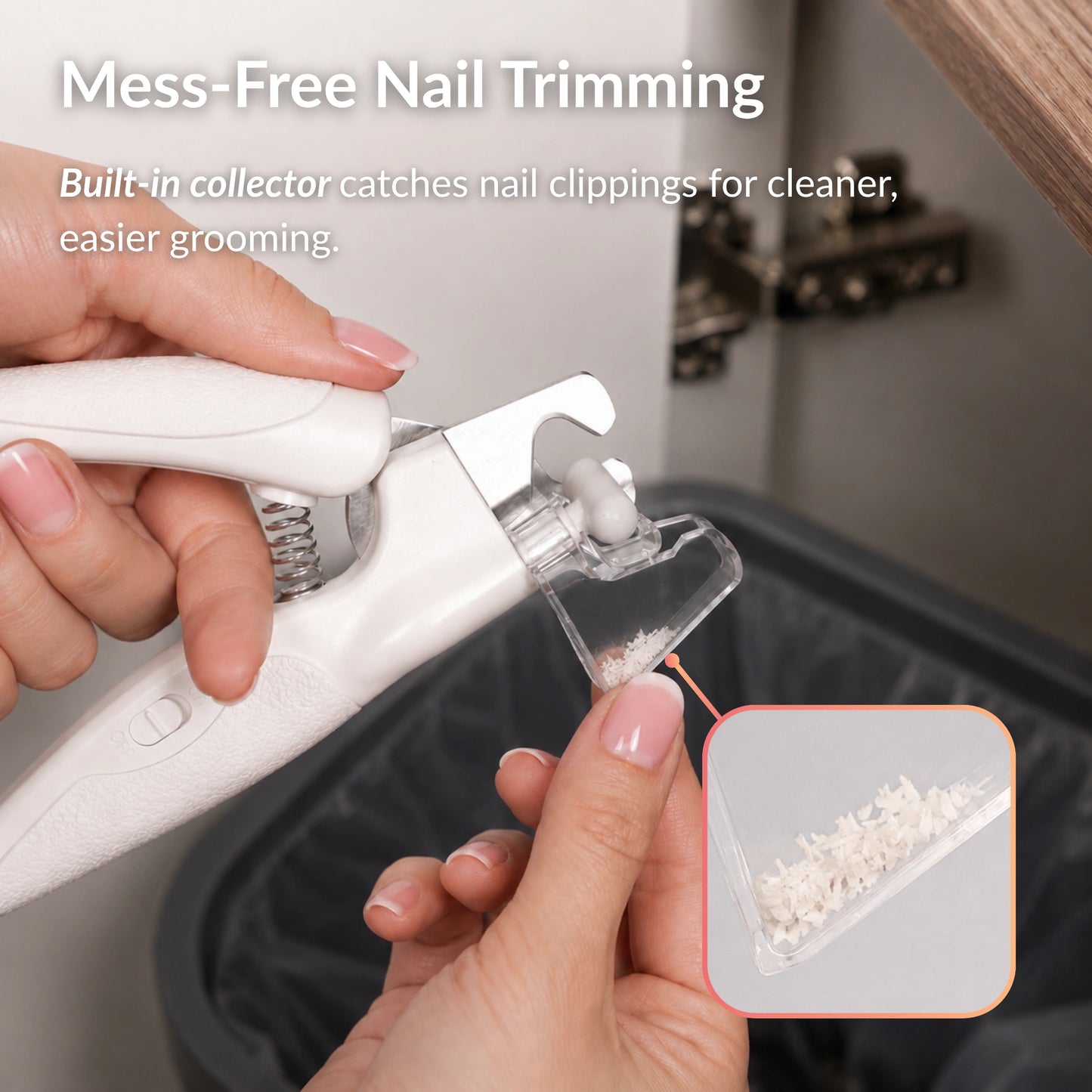 Cat nail clipper with built-in clipping collector catching nail trimmings for mess-free grooming
