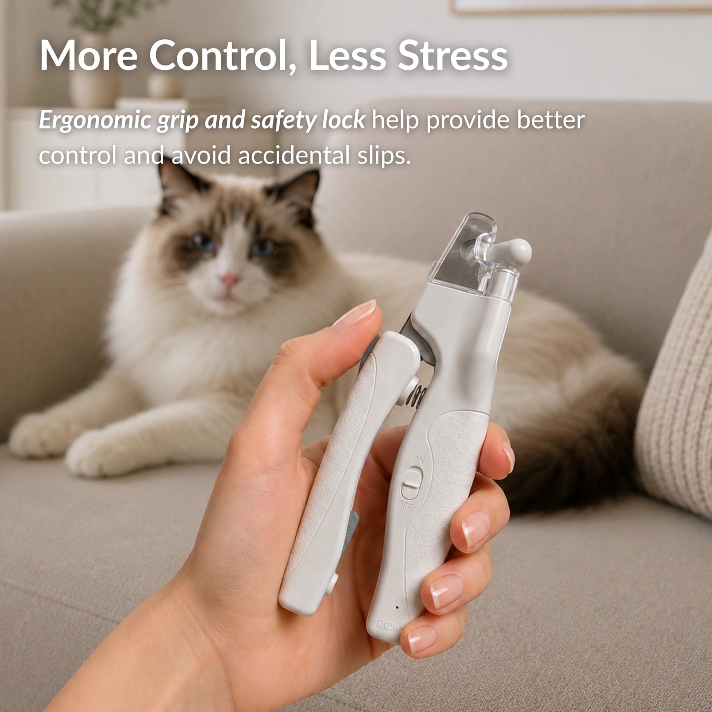 Ergonomic LED cat nail clipper with non-slip grip and safety lock for controlled nail trimming