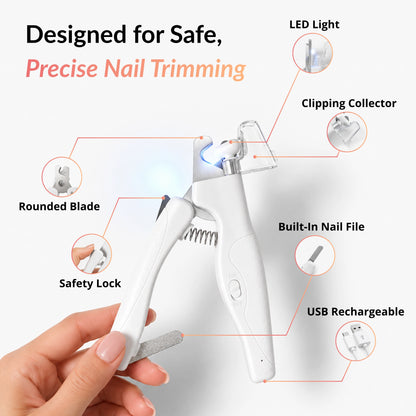 LED cat nail clipper showing built-in LED light, clipping collector, safety lock, rounded blade, nail file and USB rechargeable design