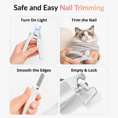Step-by-step guide showing how to use an LED cat nail clipper, including trimming, filing and cleaning