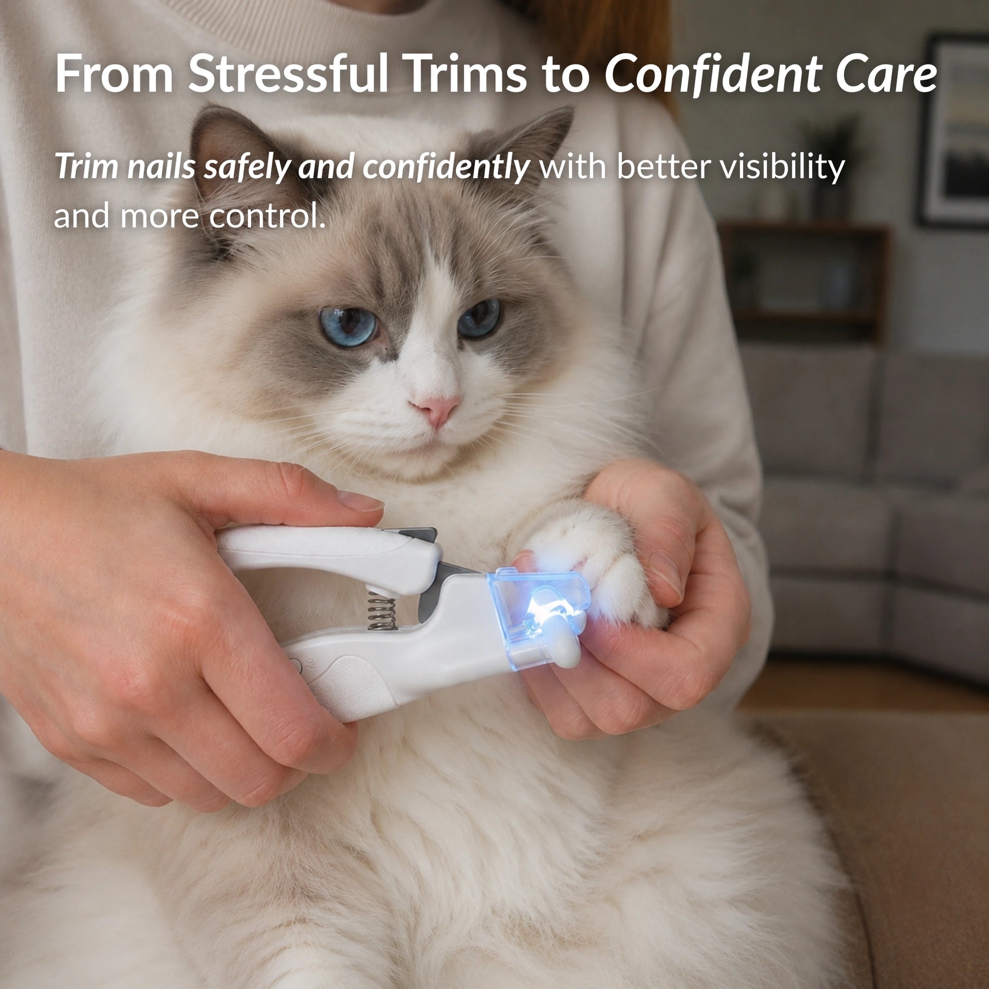 LED cat nail clipper trimming a Ragdoll cat's nail with built-in light for safer and more precise nail care