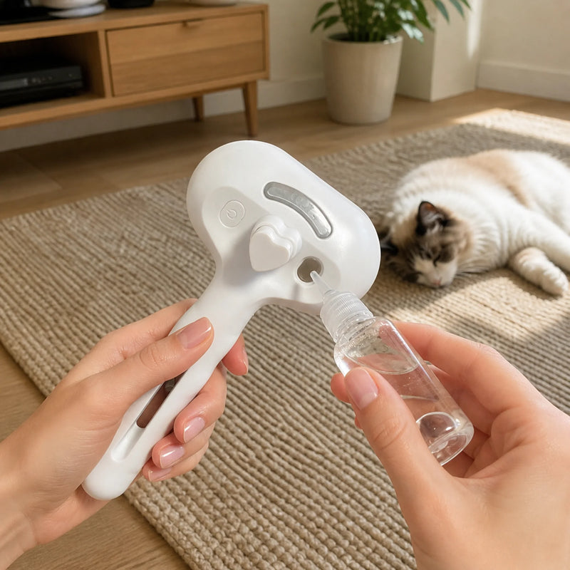 Filling the water tank of the RagRoyale Mist Brush before grooming a cat