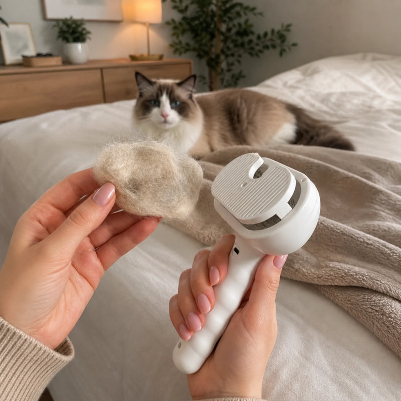 Removing collected fur from the RagRoyale Mist Brush using the one-click cleaning function