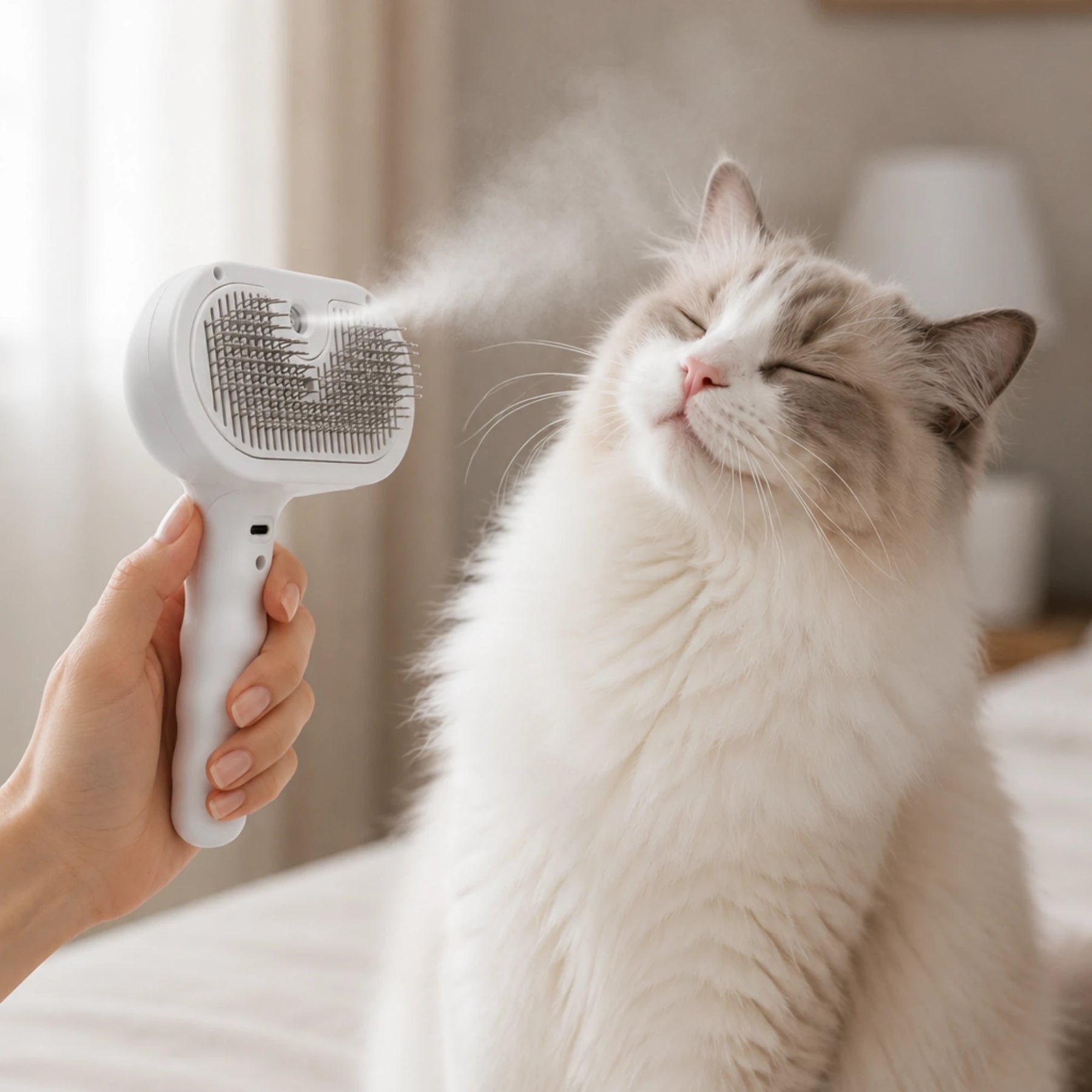 Ragdoll cat enjoying grooming with the RagRoyale Mist Brush and gentle mist technology for a softer, smoother coat