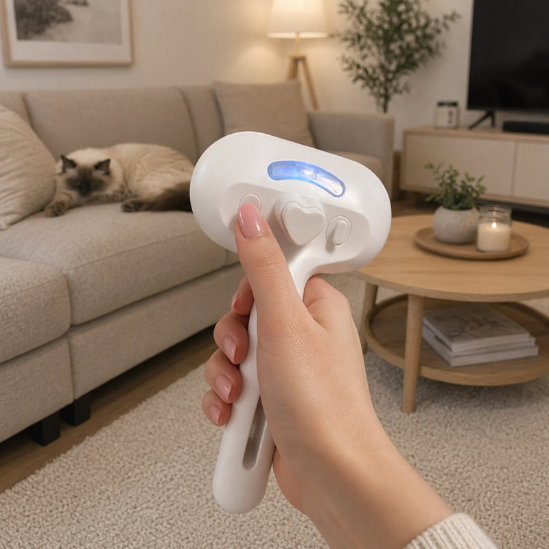 Turning on the gentle mist function of the RagRoyale Mist Brush before grooming